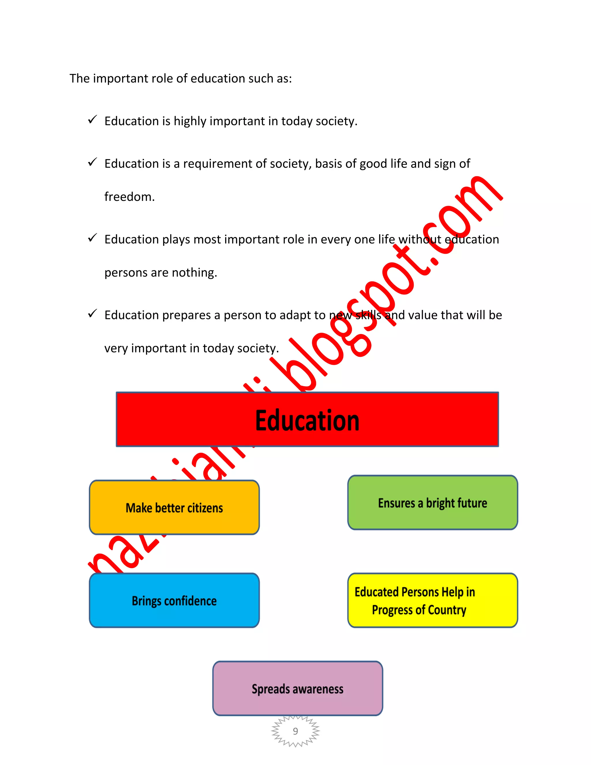 9
The important role of education such as:
 Education is highly important in today society.
 Education is a requirement of society, basis of good life and sign of
freedom.
 Education plays most important role in every one life without education
persons are nothing.
 Education prepares a person to adapt to new skills and value that will be
very important in today society.
 