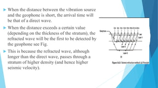  When the distance between the vibration source
and the geophone is short, the arrival time will
be that of a direct wave.
 When the distance exceeds a certain value
(depending on the thickness of the stratum), the
refracted wave will be the first to be detected by
the geophone see Fig.
 This is because the refracted wave, although
longer than the direct wave, passes through a
stratum of higher density (and hence higher
seismic velocity).
 