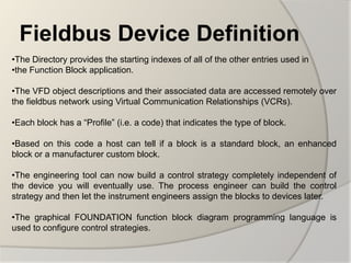Fieldbus Device Definition
•The Directory provides the starting indexes of all of the other entries used in
•the Function Block application.

•The VFD object descriptions and their associated data are accessed remotely over
the fieldbus network using Virtual Communication Relationships (VCRs).

•Each block has a “Profile” (i.e. a code) that indicates the type of block.

•Based on this code a host can tell if a block is a standard block, an enhanced
block or a manufacturer custom block.

•The engineering tool can now build a control strategy completely independent of
the device you will eventually use. The process engineer can build the control
strategy and then let the instrument engineers assign the blocks to devices later.

•The graphical FOUNDATION function block diagram programming language is
used to configure control strategies.
 