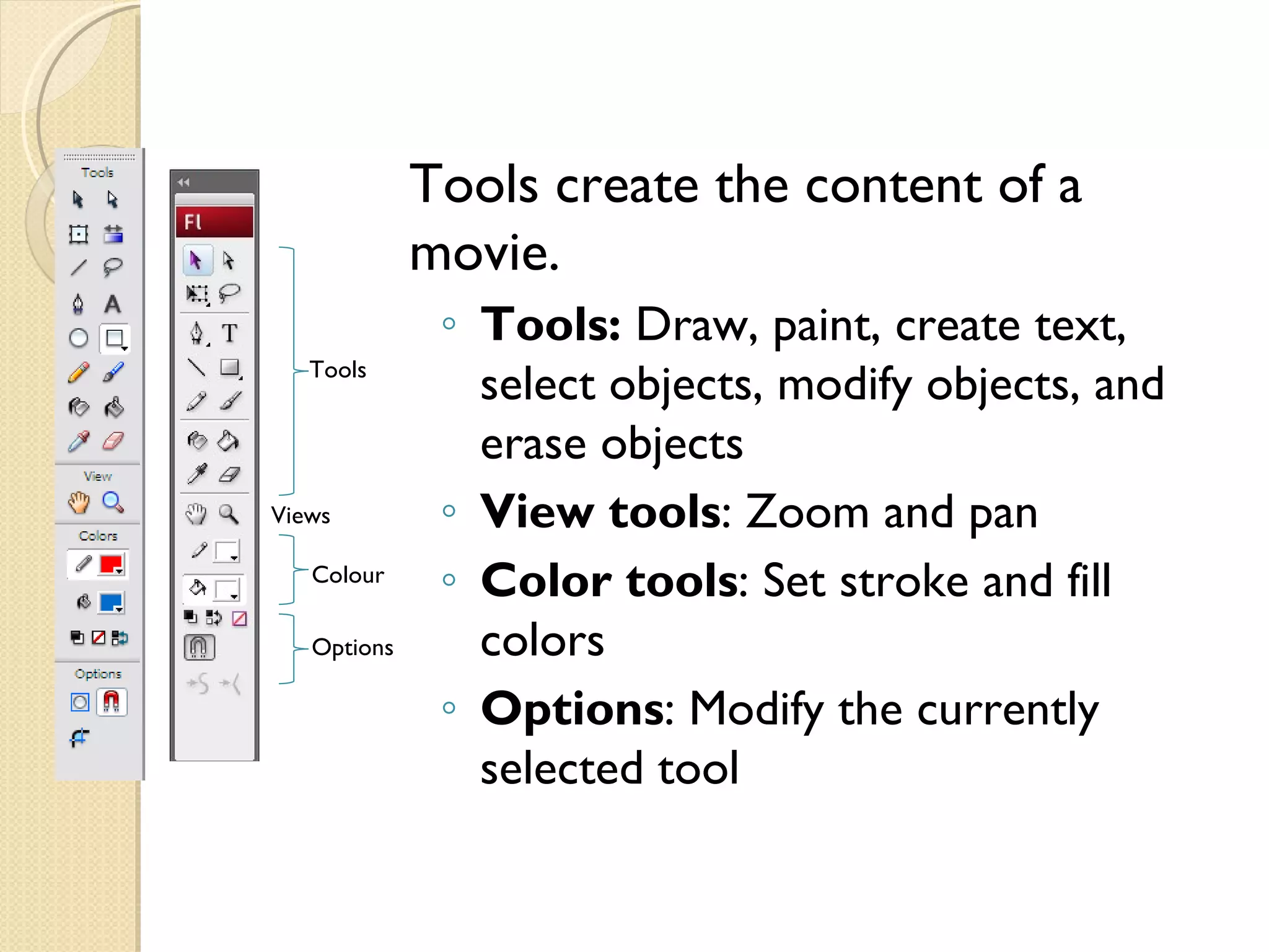 Tools create the content of a movie. Tools:  Draw, paint, create text, select objects, modify objects, and erase objects View tools : Zoom and pan Color tools : Set stroke and fill colors Options : Modify the currently selected tool Tools Views Colour Options 