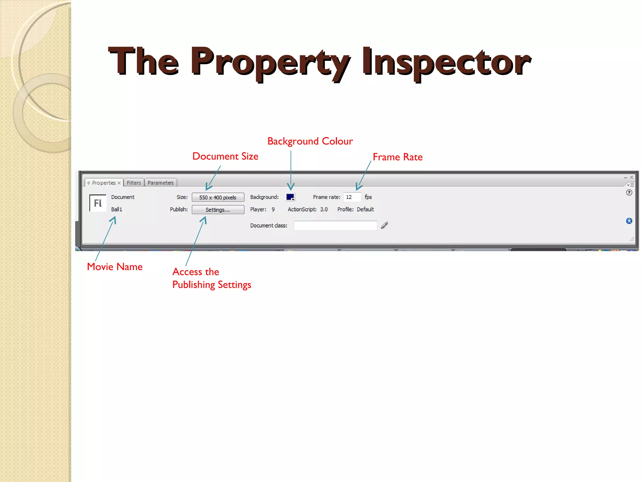 The Property Inspector Document Size Access the Publishing Settings Background Colour Frame Rate Movie Name 
