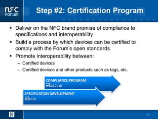 Step #2: Certification Program

 Deliver on the NFC brand promise of compliance to
  specifications and interoperability
 Build a process by which devices can be certified to
  comply with the Forum’s open standards
 Promote interoperability between:
   – Certified devices
   – Certified devices and other products such as tags, etc.

                 COMPLIANCE PROGRAM
                 Q4 2010
      SPECIFICATION DEVELOPMENT
      2010


                                                               10
 