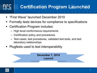 Certification Program Launched

 “First Wave” launched December 2010
 Formally tests devices for compliance to specifications
 Certification Program includes:
   – High level conformance requirements
   – Certification policy and procedures
   – Test cases, test procedures, validated test tools, and test
     laboratory relationships
 Plugfests used to test interoperability

                         December 7, 2010
                             Launch



                                                                   11
 