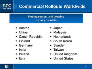 Commercial Rollouts Worldwide

         Finding success and growing
              in many countries

   Austria                 Japan
   China                   Malaysia
   Czech Republic          Netherlands
   Finland                 South Korea
   Germany                 Sweden
   India                   Taiwan
   Ireland                 United Kingdom
   Italy                   United States

                                              17
 