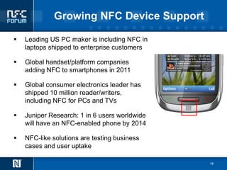 Growing NFC Device Support

   Leading US PC maker is including NFC in
    laptops shipped to enterprise customers

   Global handset/platform companies
    adding NFC to smartphones in 2011

   Global consumer electronics leader has
    shipped 10 million reader/writers,
    including NFC for PCs and TVs

   Juniper Research: 1 in 6 users worldwide
    will have an NFC-enabled phone by 2014

   NFC-like solutions are testing business
    cases and user uptake

                                               18
 