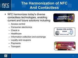 The Harmonization of NFC
                     And Contactless
 NFC harmonizes today's diverse
                                                Data transfer
  contactless technologies, enabling           between devices
  current and future solutions including:
   –   Access control
   –   Consumer electronics
                                              Access info on-the-
   –   Check in                                     move
   –   Healthcare                                    Battery-less tags

   –   Information collection and exchange
   –   Loyalty and coupons
   –   Payments                               Mobile Payment and
                                                   Ticketing
   –   Transport                             Secure applications in combination
                                                with Smart Card Technology




                                                                             3
 