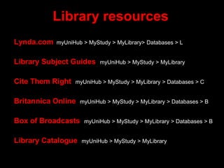 Library resources
Lynda.com myUniHub > MyStudy > MyLibrary> Databases > L
Library Subject Guides myUniHub > MyStudy > MyLibrary
Cite Them Right myUniHub > MyStudy > MyLibrary > Databases > C
Britannica Online myUniHub > MyStudy > MyLibrary > Databases > B
Box of Broadcasts myUniHub > MyStudy > MyLibrary > Databases > B
Library Catalogue myUniHub > MyStudy > MyLibrary
 