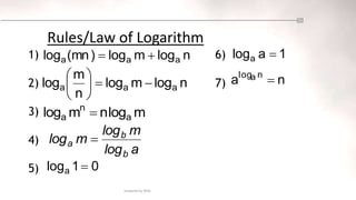 1) 6)
2) 7)
3)
4)
5)
prepared by NASS
Rules/Law of Logarithm
n
log
m
log
)
mn
(
log a
a
a 

n
log
m
log
n
m
log a
a
a 







m
log
n
m
log a
n
a 
a
log
m
log
m
log
b
b
a 
0
1
loga 
1
a
loga 
n
a n
a
log

 