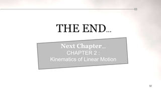 32
THE END…
Next Chapter…
CHAPTER 2 :
Kinematics of Linear Motion
 
