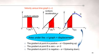 48
Velocity versus time graph (v-t)
 The gradient at point A is positive – a > 0(speeding up)
 The gradient at point B is zero – a= 0
 The gradient at point C is negative – a < 0(slowing down)
t1 t2
v
t
0
(a) t2
t1
v
t
0
(b)
t1 t2
v
t
0
(c)
Uniform velocity
Uniform
acceleration
Area under the v-t graph = displacement
B
C
A
 