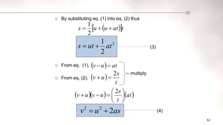 52
 By substituting eq. (1) into eq. (2) thus
 From eq. (1),
 From eq. (2),
 
 t
at
u
u
s 


2
1
(3)
2
2
1
at
ut
s 

  at
u
v 

 
t
s
u
v
2


multiply
    
at
t
s
u
v
u
v 








2
as
u
v 2
2
2

 (4)
 