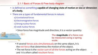 60
• is defined as something capable of changing state of motion or size or dimension
of a body.
• There are 4 types of fundamental forces in nature:
a) Gravitational forces
b) Electromagnetive forces
c) Strong nucleur forces
d) weak nucleur forces
3.1.1 Basic of Forces & Free body diagram
• Since force has magnitude and direction, it is a vector quantity
• If several forces acts simultaneously on the same object, it is
the net force that determines the motion of the object.
• The net force is the vector sum of all the forces acting on the object
and it is often called resultant force.
The magnitude of a force can
be measured using a spring
scale.
 