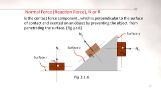 67
N1
N2
N3
m1
m2
m3
Surface 1
Surface 2
Surface 3
Normal Force (Reaction Force), N or R
is the contact force component , which is perpendicular to the surface
of contact and exerted on an object by preventing the object from
penetrating the surface. (fig 3.1.6)
Fig 3.1.6
 