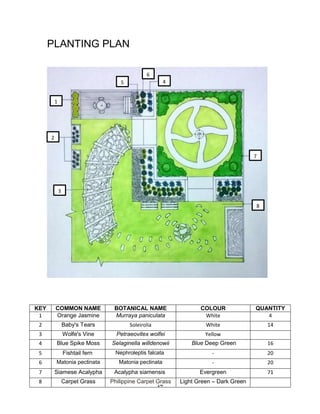14
PLANTING PLAN
KEY COMMON NAME BOTANICAL NAME COLOUR QUANTITY
1 Orange Jasmine Murraya paniculata White 4
2 Baby's Tears Soleirolia White 14
3 Wolfe's Vine Petraeovitex wolfei Yellow
4 Blue Spike Moss Selaginella willdenowii Blue Deep Green 16
5 Fishtail fern Nephroleptis falcata - 20
6 Matonia pectinata Matonia pectinata - 20
7 Siamese Acalypha Acalypha siamensis Evergreen 71
8 Carpet Grass Philippine Carpet Grass Light Green – Dark Green
1
2
3
45
6
7
8
 