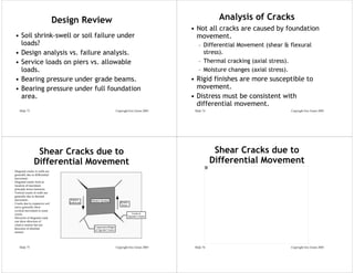 Design Review                                             Analysis of Cracks
                                                                              • Not all cracks are caused by foundation
  • Soil shrink-swell or soil failure under                                     movement.
    loads?                                                                       – Differential Movement (shear & flexural
  • Design analysis vs. failure analysis.                                          stress).
  • Service loads on piers vs. allowable                                         – Thermal cracking (axial stress).
    loads.                                                                       – Moisture changes (axial stress).
  • Bearing pressure under grade beams.                                       • Rigid finishes are more susceptible to
  • Bearing pressure under full foundation                                      movement.
    area.                                                                     • Distress must be consistent with
                                                                                differential movement.
      Slide 73                                    Copyright Eric Green 2005    Slide 74                           Copyright Eric Green 2005




                   Shear Cracks due to                                                     Shear Cracks due to
                  Differential Movement                                                   Differential Movement
– Diagonal cracks in walls are
  generally due to differential
  movement.
– Diagonal cracks form at
  location of maximum
  principle stress (tension).
– Vertical cracks in walls are
  generally due to thermal
  movement..
– Cracks due to expansive soil
  move generally show
  cyclical movement to some
  extent.
– Direction of diagonal crack
  can show direction of
  relative motion but not
  direction of absolute
  motion.




      Slide 75                                    Copyright Eric Green 2005    Slide 76                           Copyright Eric Green 2005
 