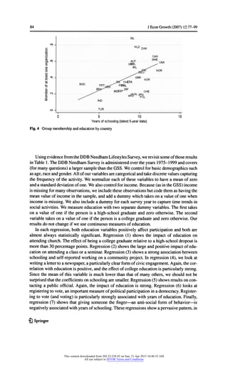 84 JEconGrowth(2007) 12:77-99
Fig.4 Groupmembershipandeducationbycountry
UsingevidencefromtheDDB NeedhamLifestylesSurvey,werevisitsomeofthoseresults
inTable 1. TheDDB NeedhamSurveyis administeredovertheyears1975-1999 andcovers
(formanyquestions)a largersamplethantheGSS. Wecontrolforbasicdemographicssuch
as age,raceandgender.Allofourvariablesarecategoricalandtakediscretevaluescapturing
thefrequencyoftheactivity.We normalizeeach ofthesevariablestohavea meanofzero
anda standarddeviationofone.Wealsocontrolforincome.Because (as intheGSS) income
ismissingformanyobservations,weincludetheseobservationsbutcodethemas havingthe
meanvalueofincomeinthesample,andadda dummywhichtakesona valueofonewhen
incomeis missing.We also includea dummyforeachsurveyyeartocapturetimetrendsin
social activities.We measureeducationwithtwoseparatedummyvariables.The firsttakes
on a valueofone ifthepersonis a high-schoolgraduateand zerootherwise.The second
variabletakeson a valueofone ifthepersonis a collegegraduateandzerootherwise.Our
resultsdo notchangeifwe usecontinuousmeasuresofeducation.
In each regression,botheducationvariablespositivelyaffectparticipationandbothare
almostalways statisticallysignificant.Regression(1) showstheimpactof educationon
attendingchurch.Theeffectofbeinga collegegraduaterelativetoa high-schooldropoutis
morethan30 percentagepoints.Regression(2) showsthelargeandpositiveimpactofedu-
cationon attendinga class ora seminar.Regression(3) showsa strongassociationbetween
schoolingandself-reportedworkingon a communityproject.In regression(4), we lookat
writinga lettertoa newspaper,a particularlyclearformofcivicengagement.Again,thecor-
relationwitheducationis positive,andtheeffectofcollegeeducationis particularlystrong.
Since themeanofthisvariableis muchlowerthanthatofmanyothers,we shouldnotbe
surprisedthatthecoefficientsonschoolingaresmaller.Regression(5) showsresultsoncon-
tactinga publicofficial.Again,theimpactofeducationis strong.Regression(6) looksat
registeringtovote,animportantmeasureofpoliticalparticipationina democracy.Register-
ingtovote(andvoting)is particularlystronglyassociatedwithyearsofeducation.Finally,
regression(7) showsthatgivingsomeonethefinger- an anti-socialformofbehavior- is
negativelyassociatedwithyearsofschooling.Theseregressionsshowa pervasivepattern,in
£l Springer
This content downloaded from 202.52.238.92 on Sun, 21 Apr 2013 10:40:32 AM
All use subject to JSTOR Terms and Conditions
 