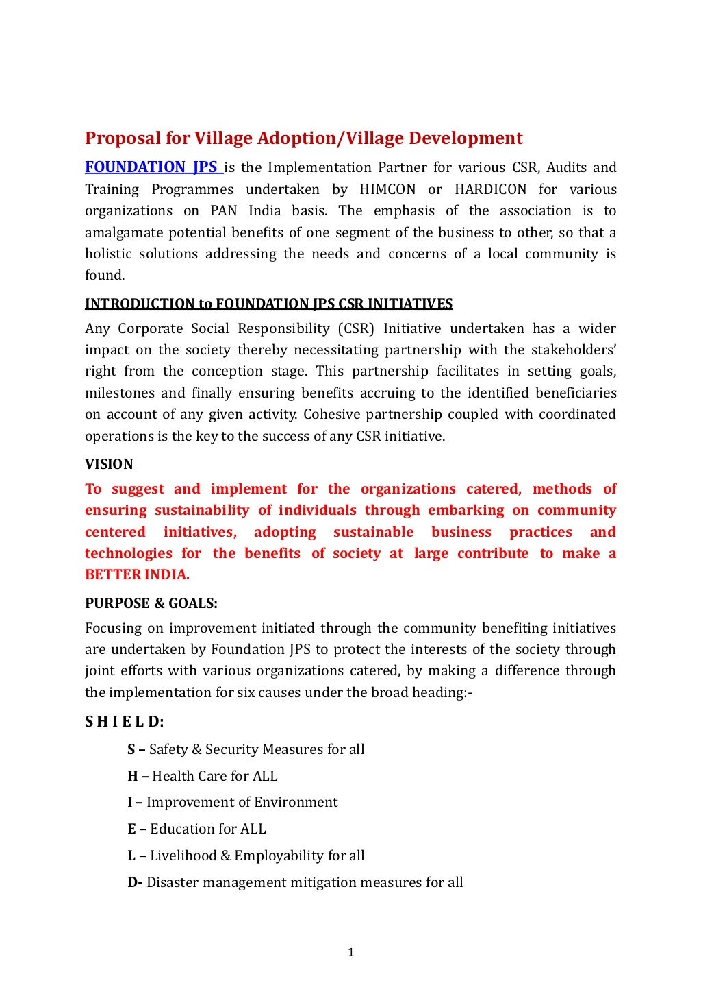 PROPOSAL FOR VILLAGE DEVELOPMENT / VILLAGE ADAPTION FOUNDATION JPS