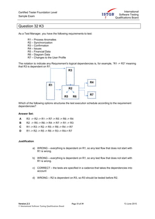 Certified Tester Foundation Level
Sample Exam
International
Software Testing
Qualifications Board
Version.2.3 Page 33 of 39 13 June 2015
© International Software Testing Qualifications Board
Question 32 K3
As a Test Manager, you have the following requirements to test:
R1 – Process Anomalies
R2 – Synchronization
R3 – Confirmation
R4 – Issues
R5 – Financial Data
R6 – Diagram Data
R7 – Changes to the User Profile
The notation to indicate any Requirement’s logical dependencies is, for example, “R1 -> R3” meaning
that R3 is dependent on R1.
Which of the following options structures the test execution schedule according to the requirement
dependencies?
Answer Set:
A R3 -> R2 -> R1 -> R7 -> R5 -> R6 -> R4
B R2 -> R5 -> R6 -> R4 -> R7 -> R1 -> R3
C R1 -> R3 -> R2 -> R5 -> R6 -> R4 -> R7
D R1 -> R2 -> R5 -> R6 -> R3 -> R4-> R7
Justification
a) WRONG – everything is dependent on R1, so any test flow that does not start with
R1 is wrong.
b) WRONG – everything is dependent on R1, so any test flow that does not start with
R1 is wrong.
c) CORRECT – the tests are specified in a cadence that takes the dependencies into
account
d) WRONG – R2 is dependent on R3, so R3 should be tested before R2.
R1
R3
R4
R7
R2
R5 R6
 
