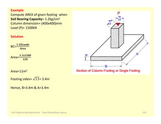 Civil Engineering Department Saad.bilbas@epu.edu.iq 143
Example
Compute AREA of given footing when
Soil Bearing Capacity= 1.2kg/cm2
Column dimension= (400x400)mm
Load (P)= 1500kN
Solution
BC=
𝟏.𝟏𝚺𝐋𝐨𝐚𝐝𝐬
𝐀𝐫𝐞𝐚
Area=
𝟏.𝟏𝐱𝟏𝟓𝟎𝟎
𝟏𝟐𝟎
Area=11m2
Footing sides=
 
≈ 3.4m
Hence, B=3.4m & A=3.4m
 