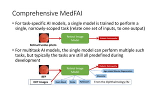 Comprehensive MedFAI
• For task-specific AI models, a single model is trained to perform a
single, narrowly-scoped task (relate one set of inputs, to one output)
• For multitask AI models, the single model can perform multiple such
tasks, but typically the tasks are still all predefined during
development
Retinal Image
Model
Retinal Fundus photo
Diabetic Retinopathy
Retinal Image
Model
RFP
Diabetic Retinopathy
Age-related Macular Degeneration
Glaucoma
Heart Attack Stroke Parkinson’s From the Ophthalmology FAI
OCT Images
 
