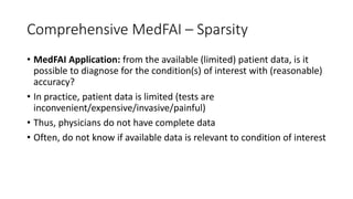 Comprehensive MedFAI – Sparsity
• MedFAI Application: from the available (limited) patient data, is it
possible to diagnose for the condition(s) of interest with (reasonable)
accuracy?
• In practice, patient data is limited (tests are
inconvenient/expensive/invasive/painful)
• Thus, physicians do not have complete data
• Often, do not know if available data is relevant to condition of interest
 