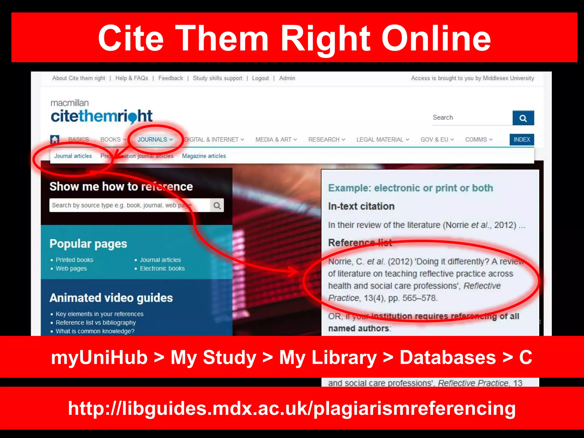 Cite Them Right Online
myUniHub > My Study > My Library > Databases > C
http://libguides.mdx.ac.uk/plagiarismreferencing
 