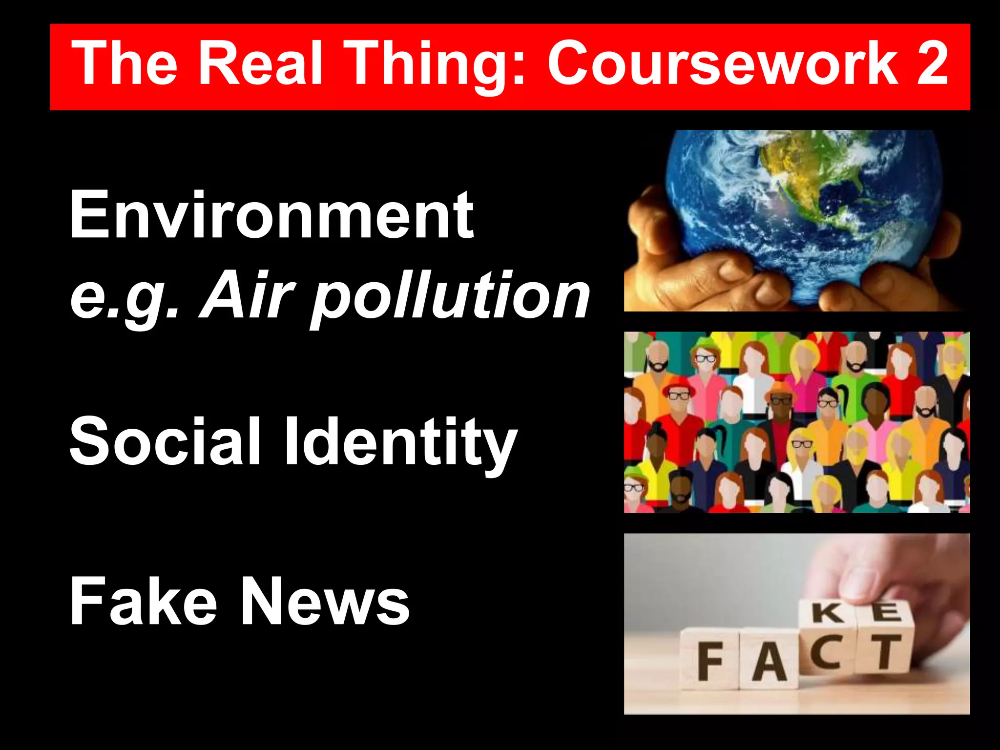 The Real Thing: Coursework 2
Environment
e.g. Air pollution
Social Identity
Fake News
 
