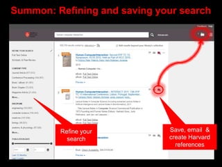 Summon: Refining and saving your search
Save, email &
create Harvard
references
Refine your
search
 