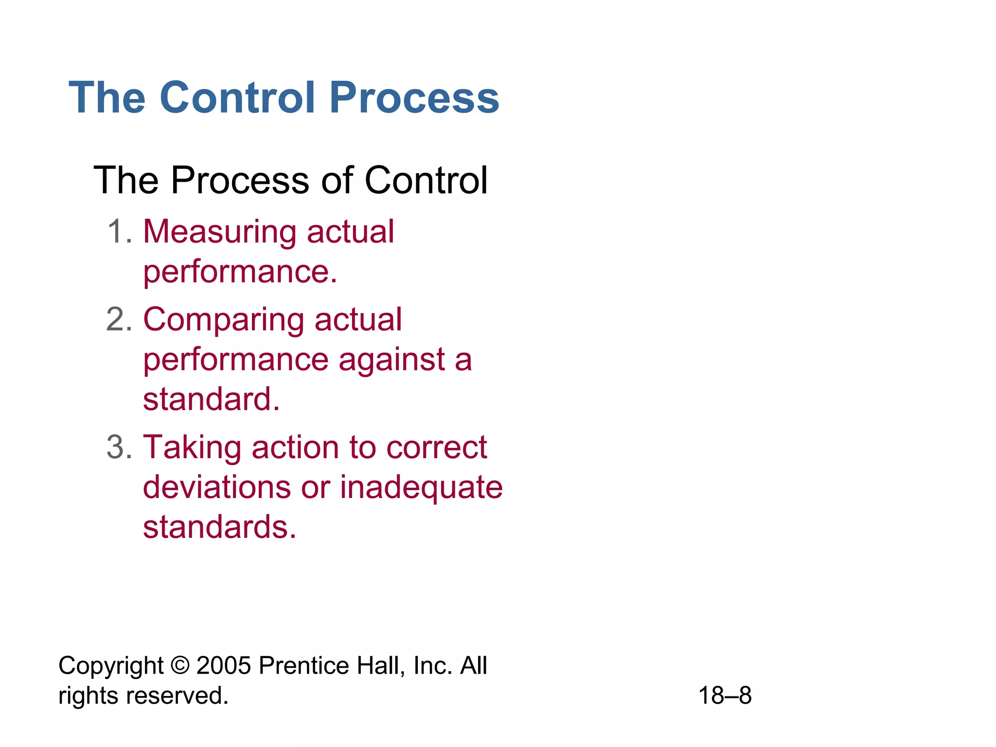 Copyright © 2005 Prentice Hall, Inc. All
rights reserved. 18–8
The Control Process
• The Process of Control
1. Measuring actual
performance.
2. Comparing actual
performance against a
standard.
3. Taking action to correct
deviations or inadequate
standards.
 