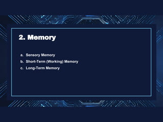 a. Sensory Memory
b. Short-Term (Working) Memory
c. Long-Term Memory
2. Memory
 