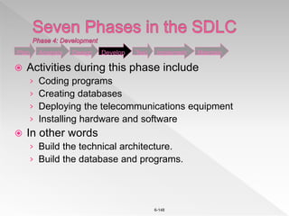 6-148
 Activities during this phase include
› Coding programs
› Creating databases
› Deploying the telecommunications equipment
› Installing hardware and software
 In other words
› Build the technical architecture.
› Build the database and programs.
Plan Analysis Design Develop Test Implement Maintain
 