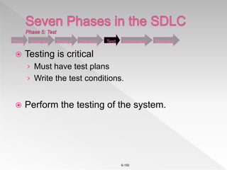 6-150
 Testing is critical
› Must have test plans
› Write the test conditions.
 Perform the testing of the system.
Plan Analysis Design Develop Test Implement Maintain
 