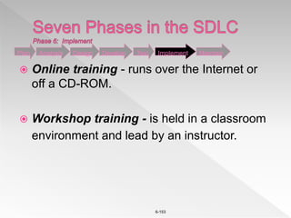 6-153
 Online training - runs over the Internet or
off a CD-ROM.
 Workshop training - is held in a classroom
environment and lead by an instructor.
Plan Analysis Design Develop Test Implement Maintain
 
