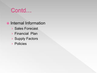  Internal Information
› Sales Forecast
› Financial Plan
› Supply Factors
› Policies
 