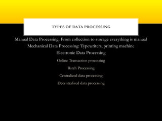 Manual Data Processing: From collection to storage everything is manual
Mechanical Data Processing: Typewriters, printing machine
Electronic Data Processing
Online Transaction processing
Batch Processing
Centralized data processing
Decentralized data processing
TYPES OF DATA PROCESSING
 
