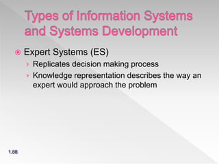  Expert Systems (ES)
› Replicates decision making process
› Knowledge representation describes the way an
expert would approach the problem
1.88
 
