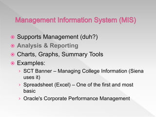  Supports Management (duh?)
 Analysis & Reporting
 Charts, Graphs, Summary Tools
 Examples:
› SCT Banner – Managing College Information (Siena
uses it)
› Spreadsheet (Excel) – One of the first and most
basic
› Oracle's Corporate Performance Management
 