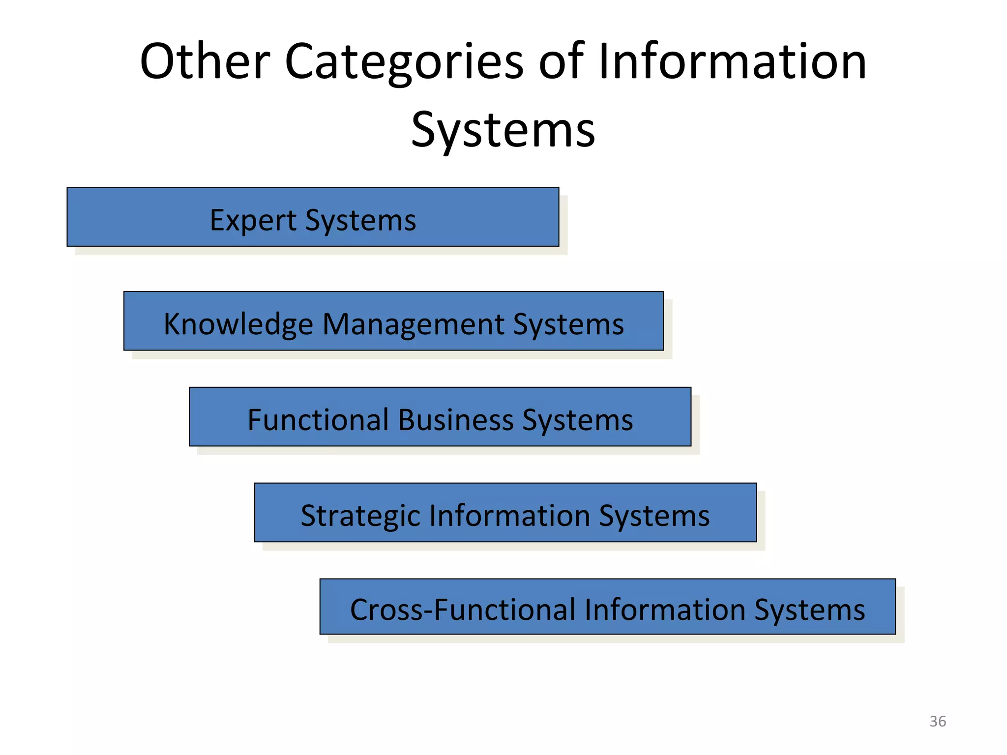 Other Categories of Information Systems Expert Systems Knowledge Management Systems Functional Business Systems Strategic Information Systems Cross-Functional Information Systems 
