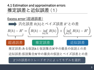 3
Excess error（超過誤差）
推定誤差 近似誤差
推定誤差:ある仮説ℎと仮説集合ℋ中の最良の仮説との差
近似誤差:仮説集合ℋ中の最良の仮説とベイズ誤差との差
汎化誤差 𝑅(ℎ)とベイズ誤差 𝑅∗
との差
2つの誤差のトレードオフによってモデルを選択
4.1 Estimation and approximation errors
推定誤差と近似誤差 （１）
超過誤差
 