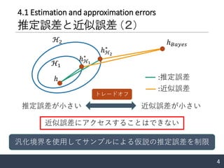 4
近似誤差にアクセスすることはできない
汎化境界を使用してサンプルによる仮説の推定誤差を制限
ℎ 𝐵𝑎𝑦𝑒𝑠
:推定誤差
:近似誤差
ℋ1
ℋ2
推定誤差が小さい
ℎℋ2
∗
ℎℋ1
∗
ℎ
近似誤差が小さい
トレードオフ
4.1 Estimation and approximation errors
推定誤差と近似誤差 （２）
 