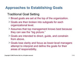 Copyright © 2005 Prentice Hall, Inc. All rights reserved. 7–13
Approaches to Establishing Goals
• Traditional Goal Setting
Broad goals are set at the top of the organization.
Goals are then broken into subgoals for each
organizational level.
Assumes that top management knows best because
they can see the “big picture.”
Goals are intended to direct, guide, and constrain
from above.
Goals lose clarity and focus as lower-level managers
attempt to interpret and define the goals for their
areas of responsibility.
 