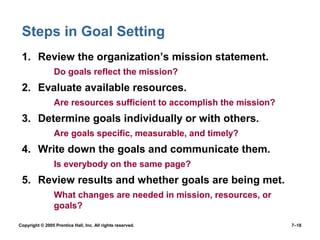 Copyright © 2005 Prentice Hall, Inc. All rights reserved. 7–18
Steps in Goal Setting
1. Review the organization’s mission statement.
1. Do goals reflect the mission?
2. Evaluate available resources.
1. Are resources sufficient to accomplish the mission?
3. Determine goals individually or with others.
1. Are goals specific, measurable, and timely?
4. Write down the goals and communicate them.
1. Is everybody on the same page?
5. Review results and whether goals are being met.
1. What changes are needed in mission, resources, or
goals?
 