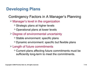 Copyright © 2005 Prentice Hall, Inc. All rights reserved. 7–19
Developing Plans
• Contingency Factors in A Manager’s Planning
Manager’s level in the organization
 Strategic plans at higher levels
 Operational plans at lower levels
Degree of environmental uncertainty
 Stable environment: specific plans
 Dynamic environment: specific but flexible plans
Length of future commitments
 Current plans affecting future commitments must be
sufficiently long-term to meet the commitments.
 