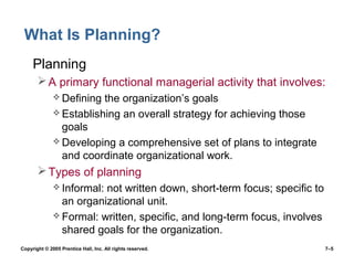 Copyright © 2005 Prentice Hall, Inc. All rights reserved. 7–5
What Is Planning?
• Planning
A primary functional managerial activity that involves:
 Defining the organization’s goals
 Establishing an overall strategy for achieving those
goals
 Developing a comprehensive set of plans to integrate
and coordinate organizational work.
Types of planning
 Informal: not written down, short-term focus; specific to
an organizational unit.
 Formal: written, specific, and long-term focus, involves
shared goals for the organization.
 
