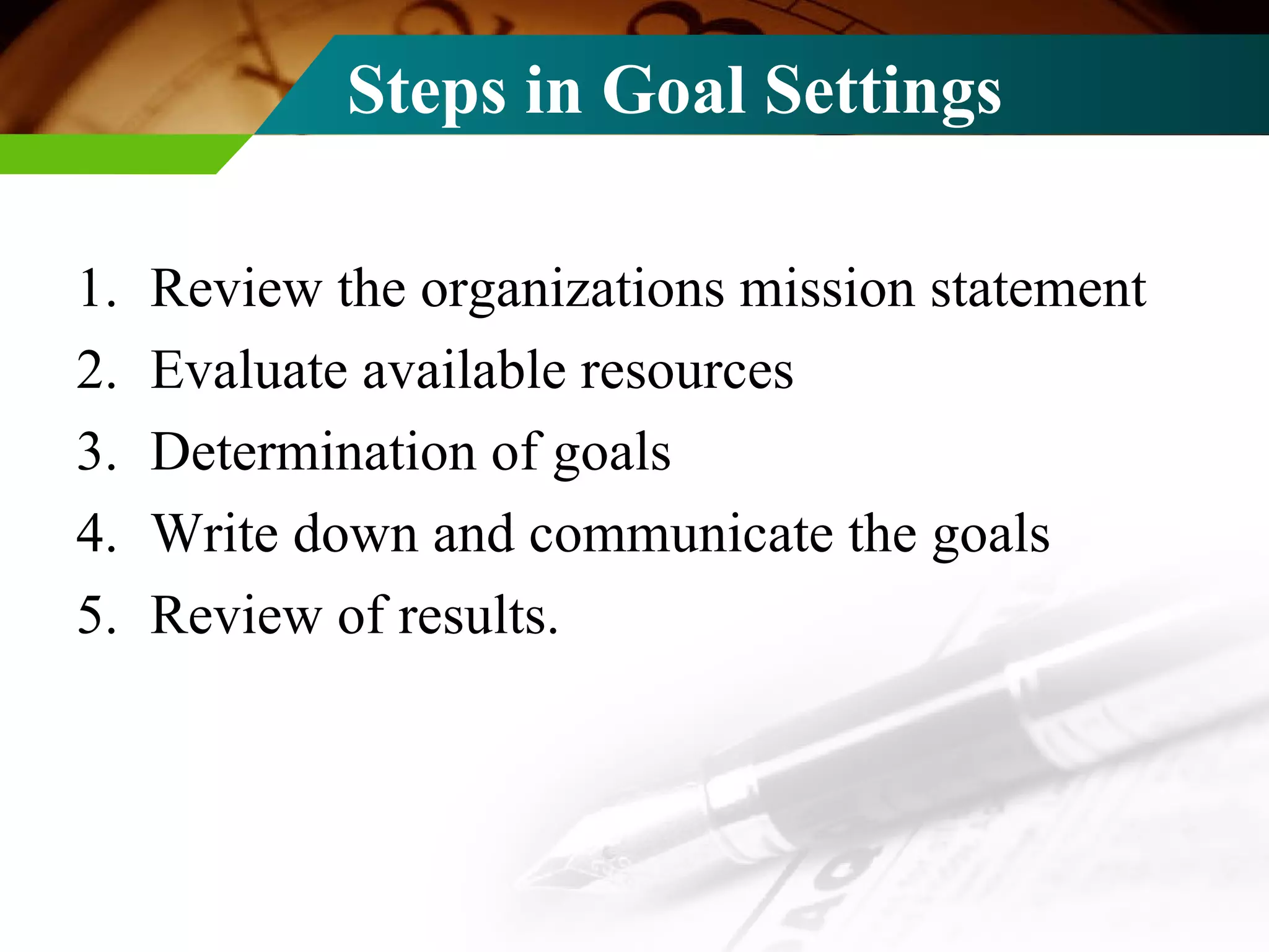 Steps in Goal Settings Review the organizations mission statement Evaluate available resources Determination of goals Write down and communicate the goals Review of results. 