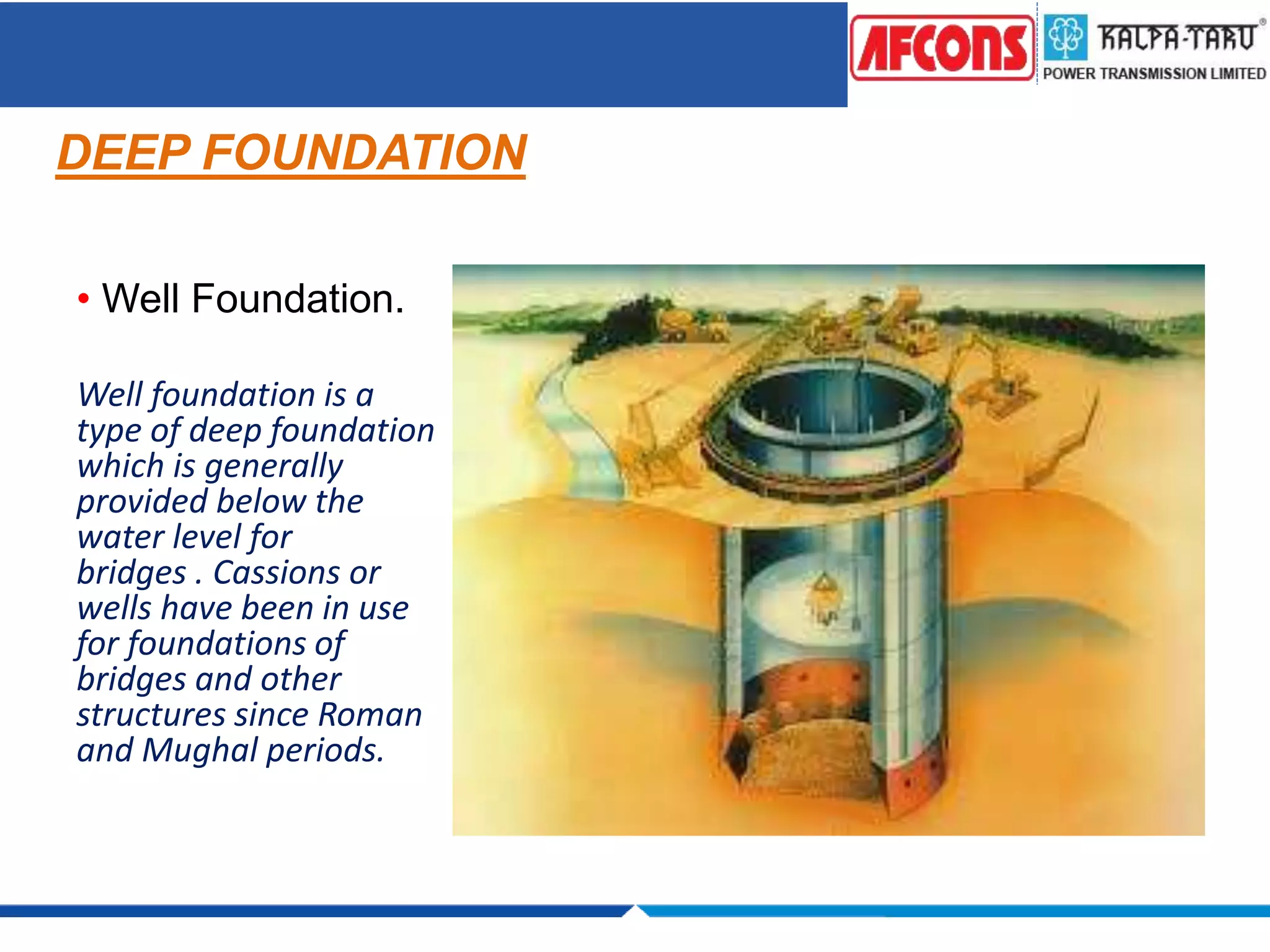 DEEP FOUNDATION
• Well Foundation.
Well foundation is a
type of deep foundation
which is generally
provided below the
water level for
bridges . Cassions or
wells have been in use
for foundations of
bridges and other
structures since Roman
and Mughal periods.
 