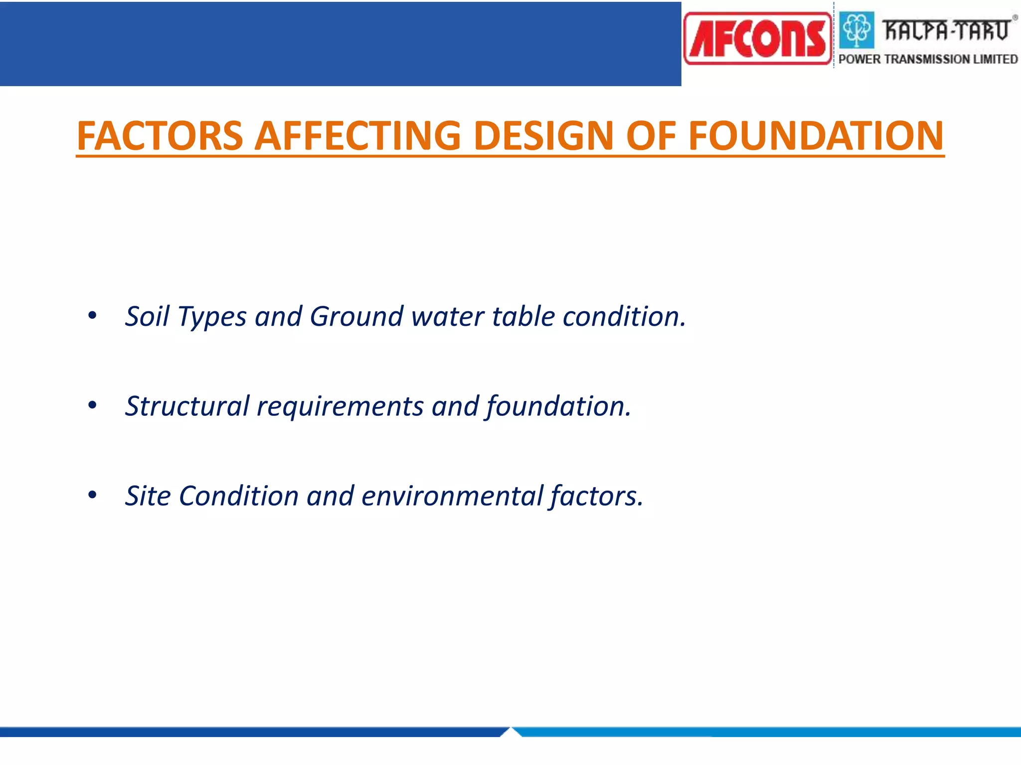 FACTORS AFFECTING DESIGN OF FOUNDATION
• Soil Types and Ground water table condition.
• Structural requirements and foundation.
• Site Condition and environmental factors.
 