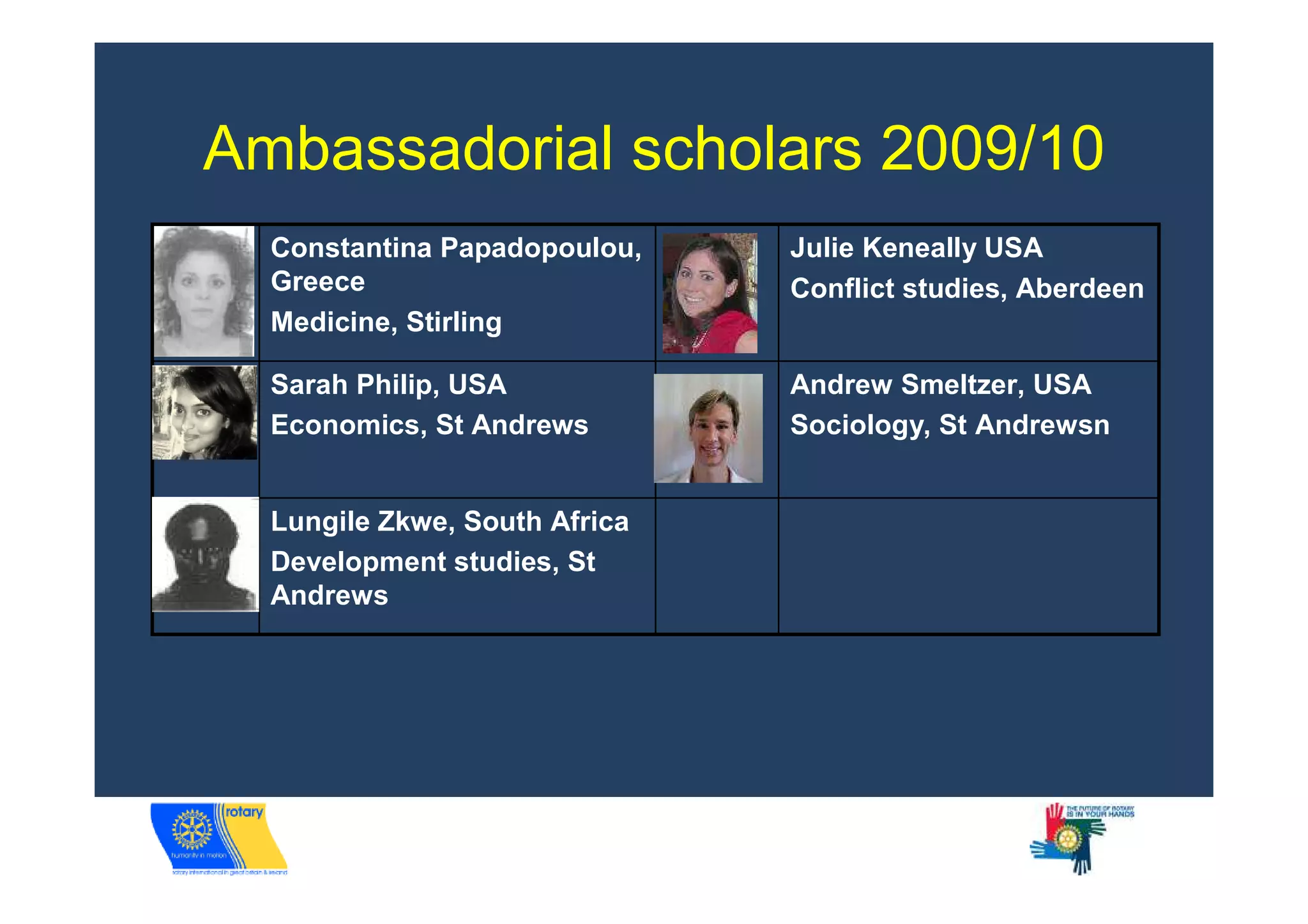 Ambassadorial scholars 2009/10
  Constantina Papadopoulou,    Julie Keneally USA
  Greece                       Conflict studies, Aberdeen
  Medicine, Stirling

  Sarah Philip, USA            Andrew Smeltzer, USA
  Economics, St Andrews        Sociology, St Andrewsn


  Lungile Zkwe, South Africa
  Development studies, St
  Andrews
 