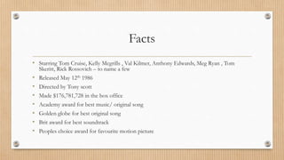 Facts
• Starring Tom Cruise, Kelly Mcgrills , Val Kilmer, Anthony Edwards, Meg Ryan , Tom
Skeritt, Rick Rossovich – to name a few
• Released May 12th 1986
• Directed by Tony scott
• Made $176,781,728 in the box office
• Academy award for best music/ original song
• Golden globe for best original song
• Brit award for best soundtrack
• Peoples choice award for favourite motion picture
 