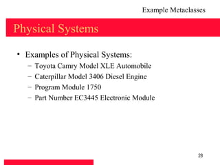 Example Metaclasses

Physical Systems
• Examples of Physical Systems:
  –   Toyota Camry Model XLE Automobile
  –   Caterpillar Model 3406 Diesel Engine
  –   Program Module 1750
  –   Part Number EC3445 Electronic Module




                                                      28
 